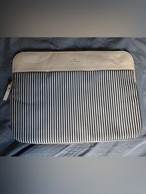 Kate Spade Black & White Striped Laptop Sleeve with Cream Trim